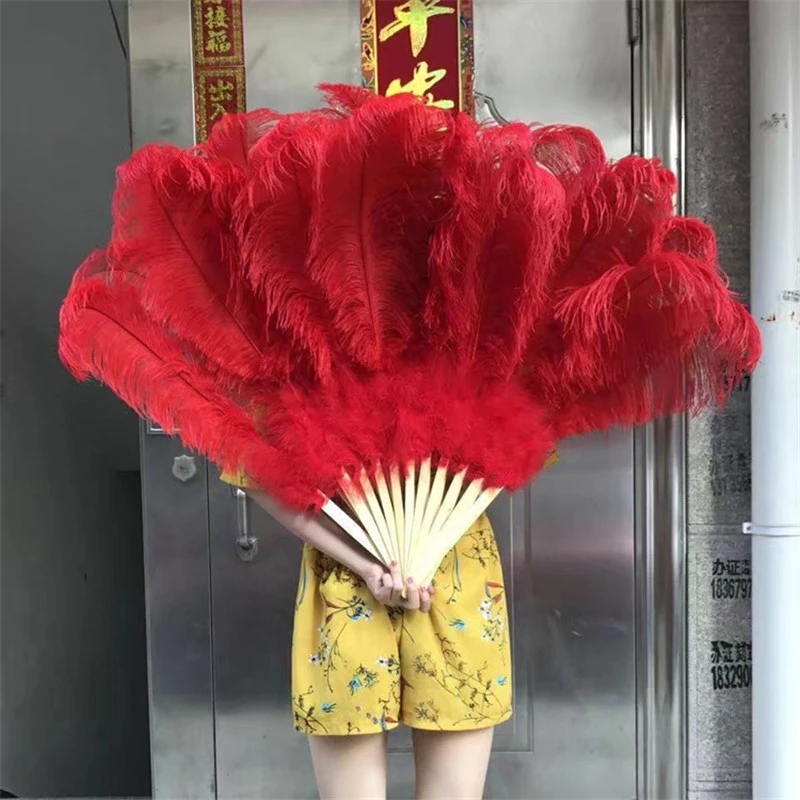 

Big Red Ostrich Feathers Fan with Bamboo Staves for Belly Dance Halloween Party Ornament Decor Necessary, 13 Bones