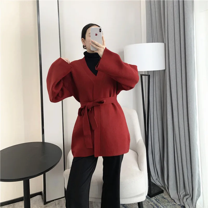 [ZAYAU]Temperament V-Neck Sweater Coat women's Autumn and Winter Thick Loose Japanese Style Slim Cardigan Middle Long Belt Top