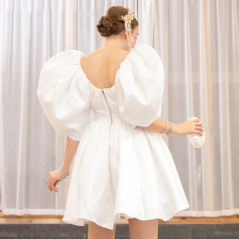 أنيق من الساتان دودة القز والتجاعيد اليدوية بأكمام منفوخة برقبة على شكل حرف U أميرة عشاء منتفخ حفلة موسيقية مقاس كبير فساتين سهرة فاخرة طويلة