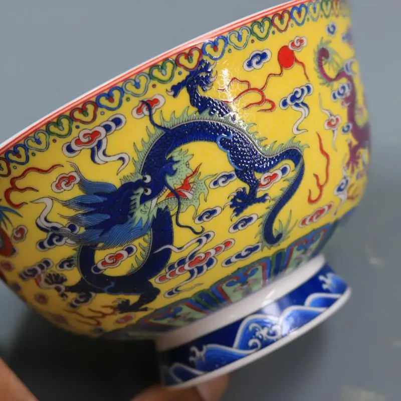 Chinese Style Yellow Famille-rose Painting Colorful Cloud Dragon Pattern Porcelain Bowl