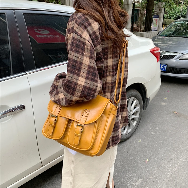 Vintage women Messenger bag Large capacity oil wax leather female shoulder bag ladies crossbody bag Casual big handbag yellow