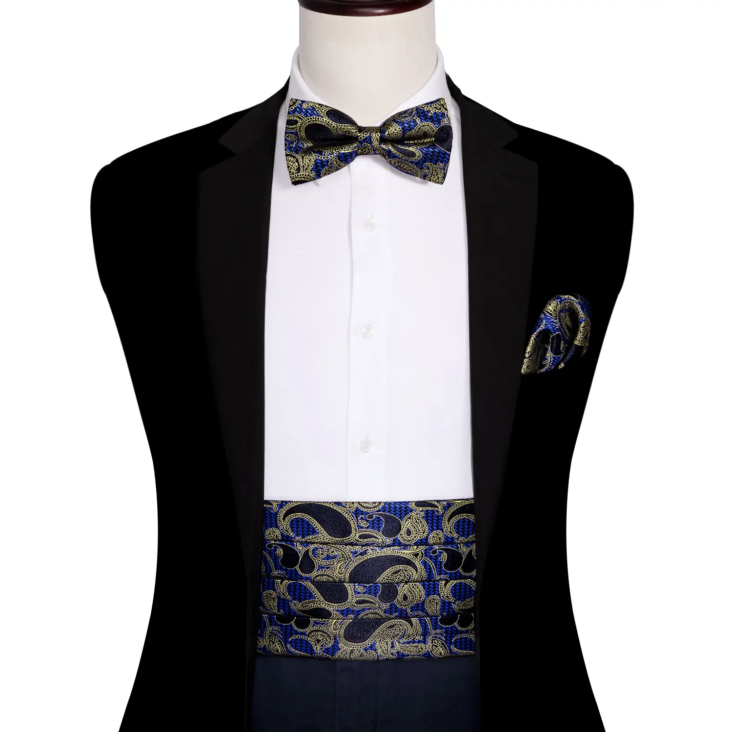 Barry.Wang Blue Bow Tie for Men Paisley Cummerbund Bow Ties Handkerchief Cufflinks Cummerbund Waist Belt for Wedding YF-1025