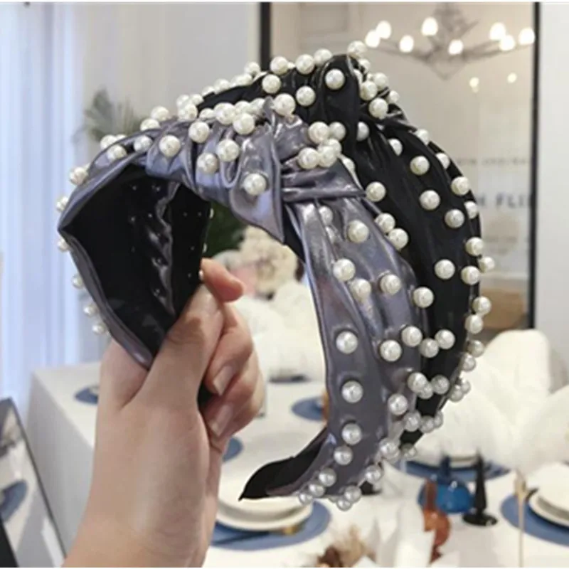 Punk Style PU Leather Hairband Pearls for Women Accessories Solid Leather Pearls Headband Wide Adults Headwear Knot Hairband