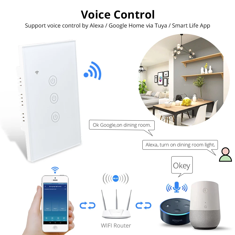 Zemismart US Tuya WiFi Light Switch Neutral Optional Wire 1 2 3 Gang Alexa Google Home Assistant Smart Life Control 100V 240V