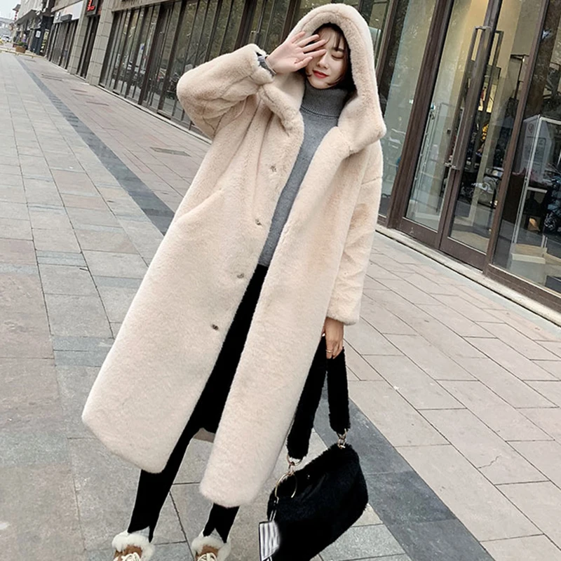 

Winter Women High Quality Faux Rabbit Fur Coat Luxury Long Fur Coat Loose Lapel OverCoat Thick Warm Plus Size Female Plush Coats