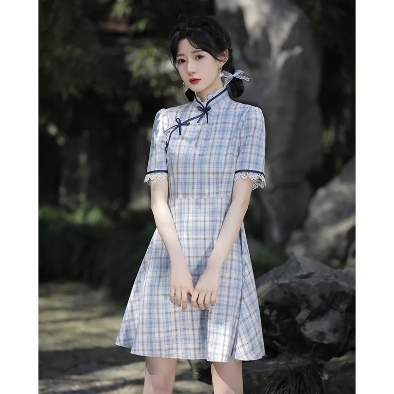 

Chinese Style Dress for Women 2022 Summer New Fashion Collar Lace Cheongsam Young Sweet Little Fresh High Quality Dress Qipao