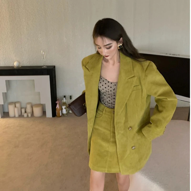 Vintage French Style Loose Women Blazer Double Breasted Casual Female Suit Coat Turn Down Collar Outerwear With Pockets