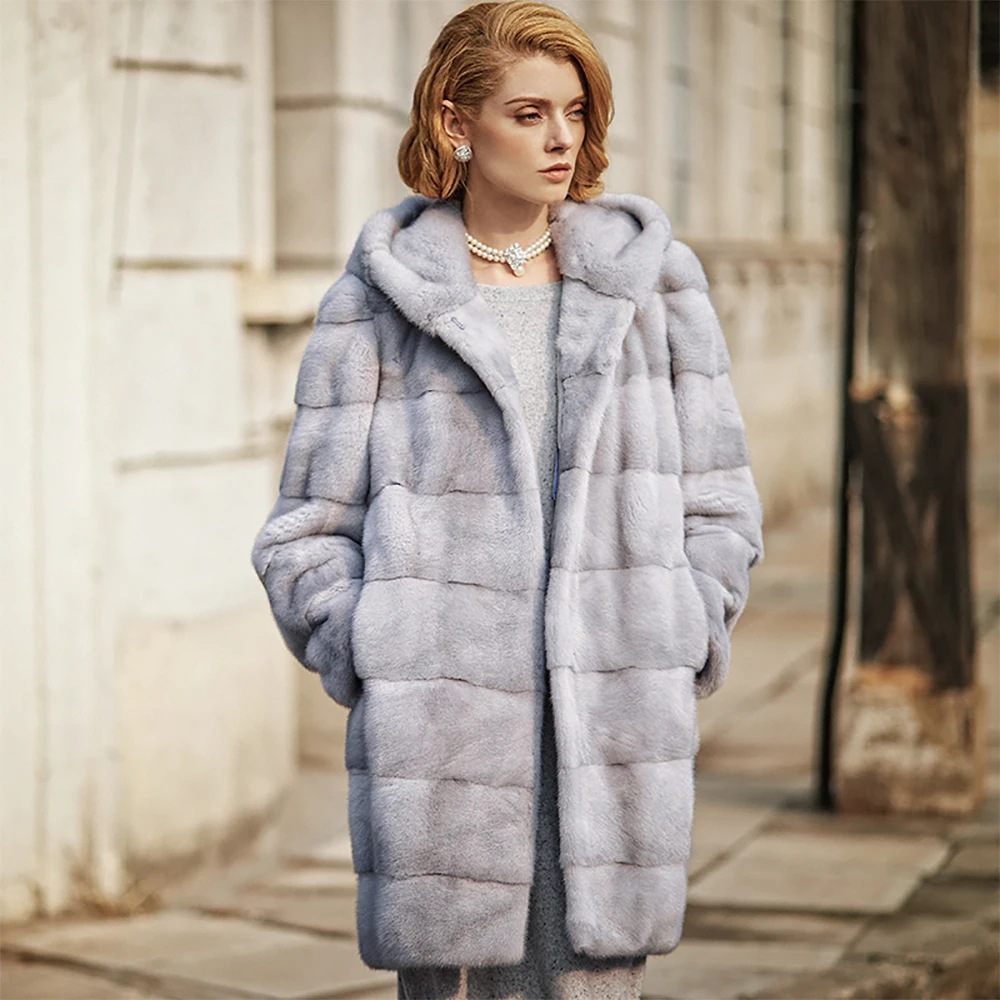 

TOPFUR Fashion Real Mink Fur Coat 90 cm Length With Fur Hood 2021 Winter Outerwear Warm Women's Whole Skin Mink Fur Coat