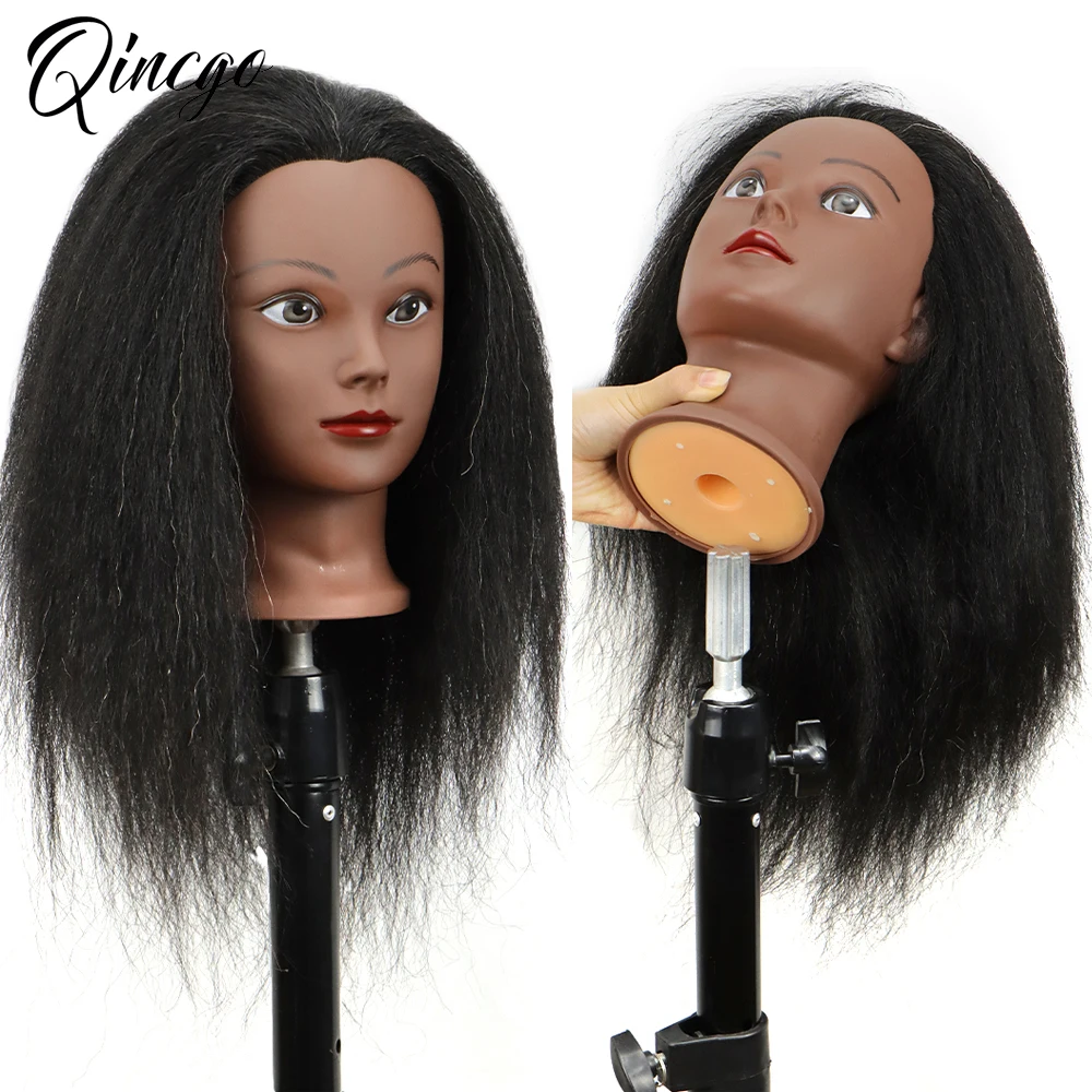 Real Hair Mannequin Head Hairdresser Training Head With Stand Tripod Afro Manikin Cosmetology Doll Head For Braiding Styling