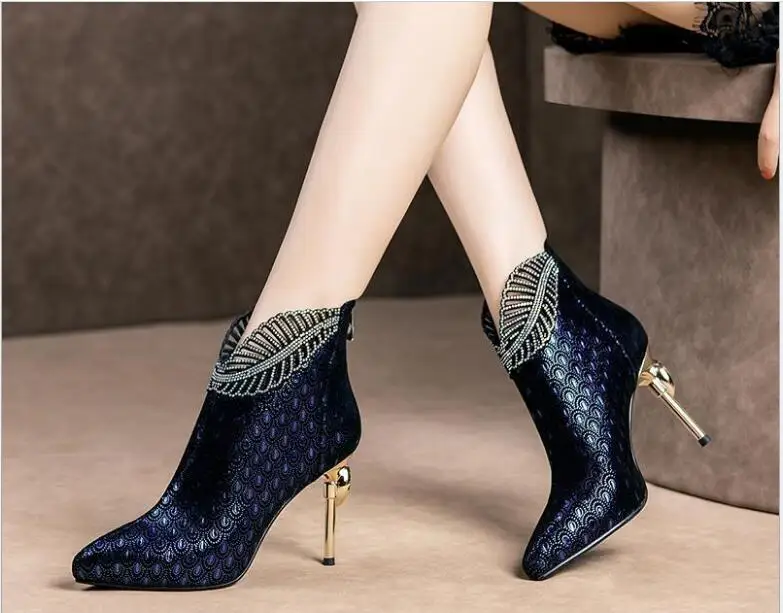 

Simple stiletto pointed high heels Leather Boots Woman Ankle Boots Plating Heel Rhinestone Women's Winter Shoes Female Footware