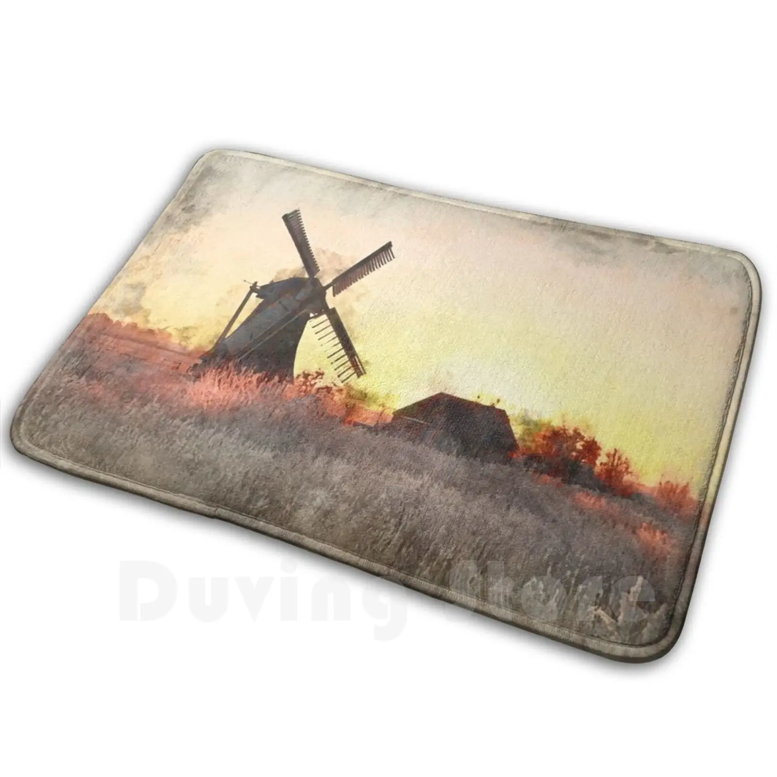 Windmill In Fog By River Carpet Mat Rug Cushion Windmill Watercolor Landscape