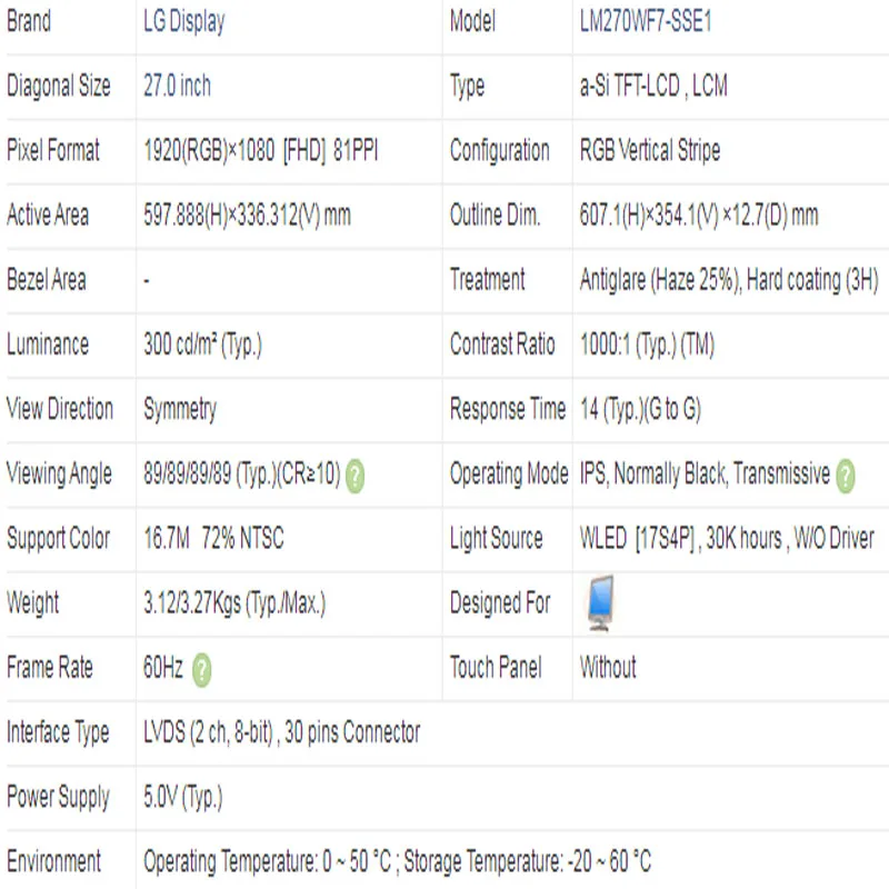 LM270WF7 SSE1 27.0 inch 1920x1080 IPS FHD 30PINS LVDS 72% NTSC 300 cd/m² 1000:1 60HZ LCD All-in-One PC LCD Screen LM270WF7-SSE1 image 6
