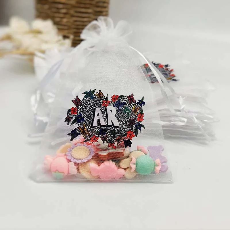 

100Pcs Customized colorful Logo White Drawstring Organza Bags small Pouches Jewelry display Package Bags jewels yarn Gift Bag