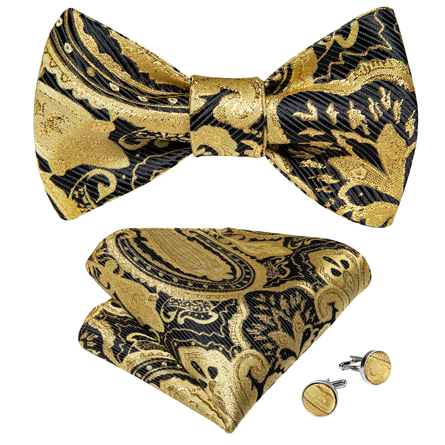 Luxe Gouden Zwarte Paisley Zelf Tie Mannen Strikje Zijde Geweven Bruiloft Vlinder Banden Hanky Broche Pin Set tuxedo Bow Dibangu