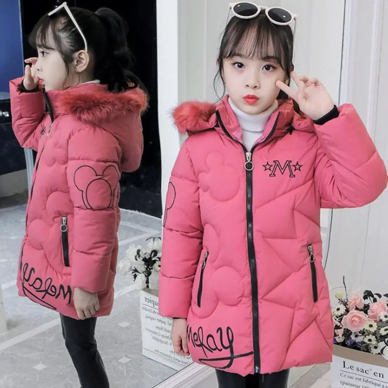 Winter Girls Teenager Windbreaker Coat Keep Warm Hooded Jacket For Girl Fur Collar Plus Velvet Long Style Outerwear 4-12 Years