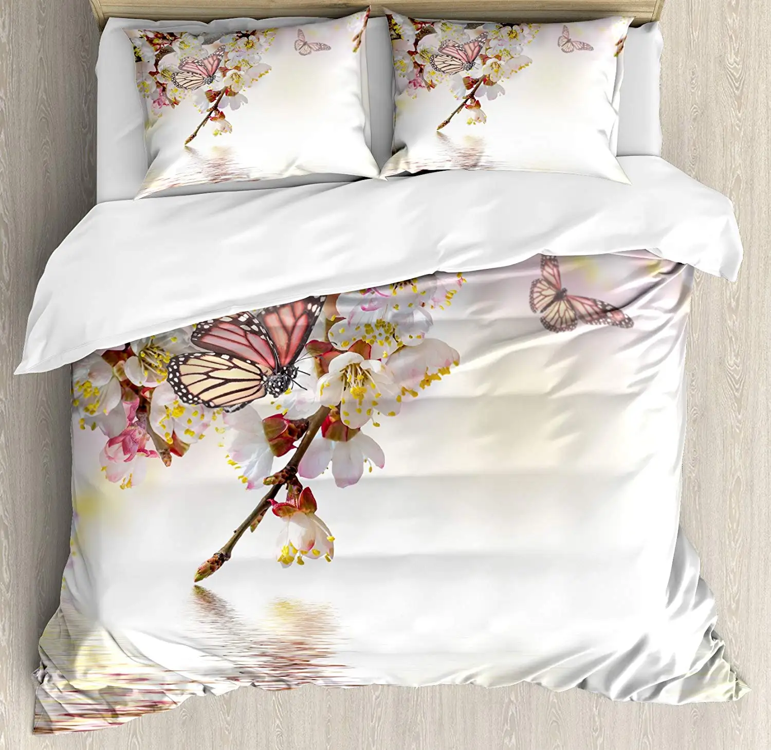 Modern Queen Size Duvet Cover Set by Ambesonne Natural Floral Japanese Style Garden Cherry Blossom Sakura Tree Butterfly Nature