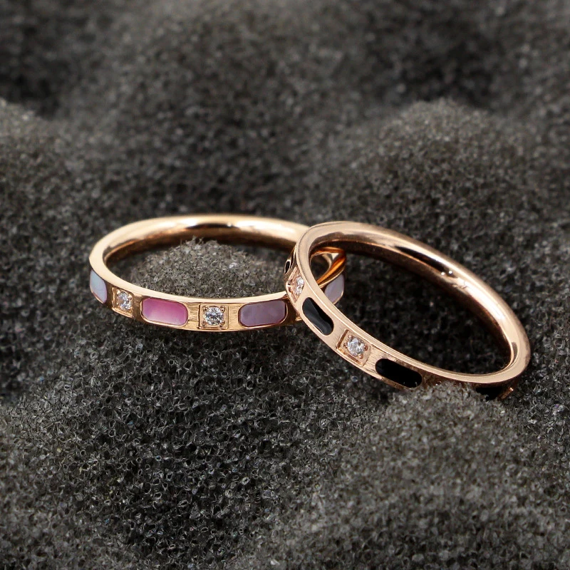 Elegant Zircon Black Enamel And Colorful Shell Ring Titanium Steel Rose Gold Color Jewelry Woman Wedding Ring Love Gift