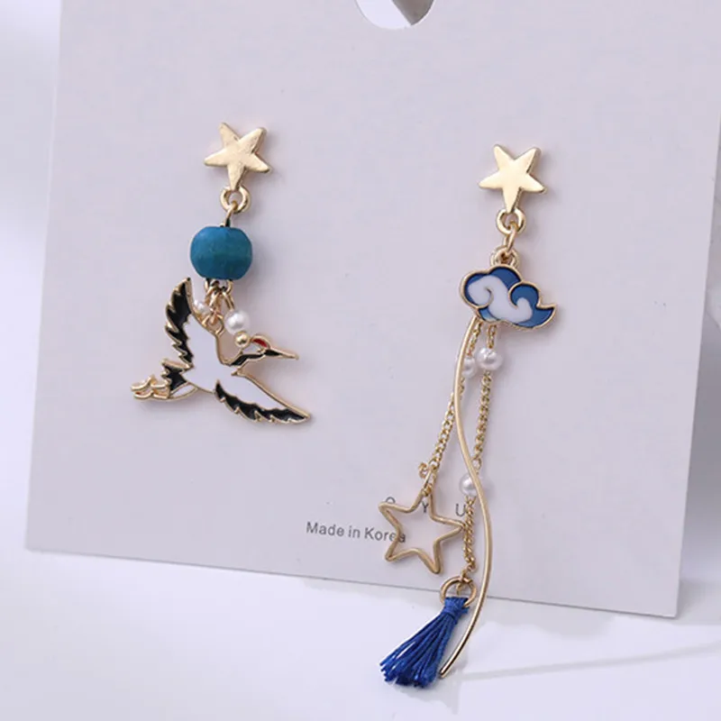 Chinese Style Folding Fan Crane Carp Lotus Asymmetrical Long Tassel Dangle National Style Earrings for Women Jewelry Gift