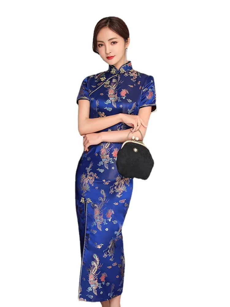 Sexy New Brocade Satin Long Fork Cheongsam Chinese Classic Women's Qipao Elegant Short Sleeve Novelty Wedding Evening Dress 4XL