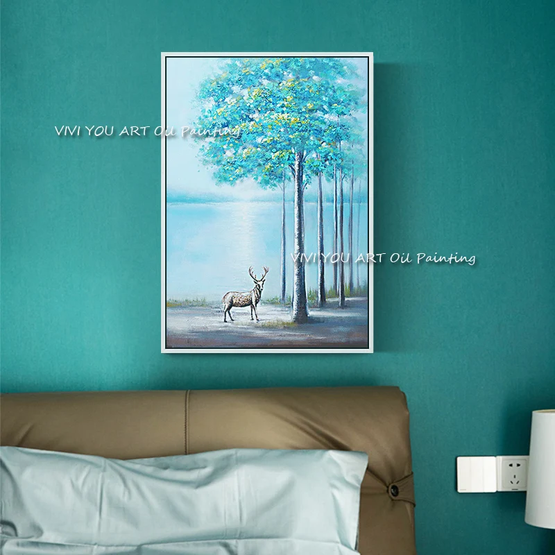 100% Handmade Oil painting light colour blue Aestheticism scenery deer and tree Home Decor Oil Painting Artwork