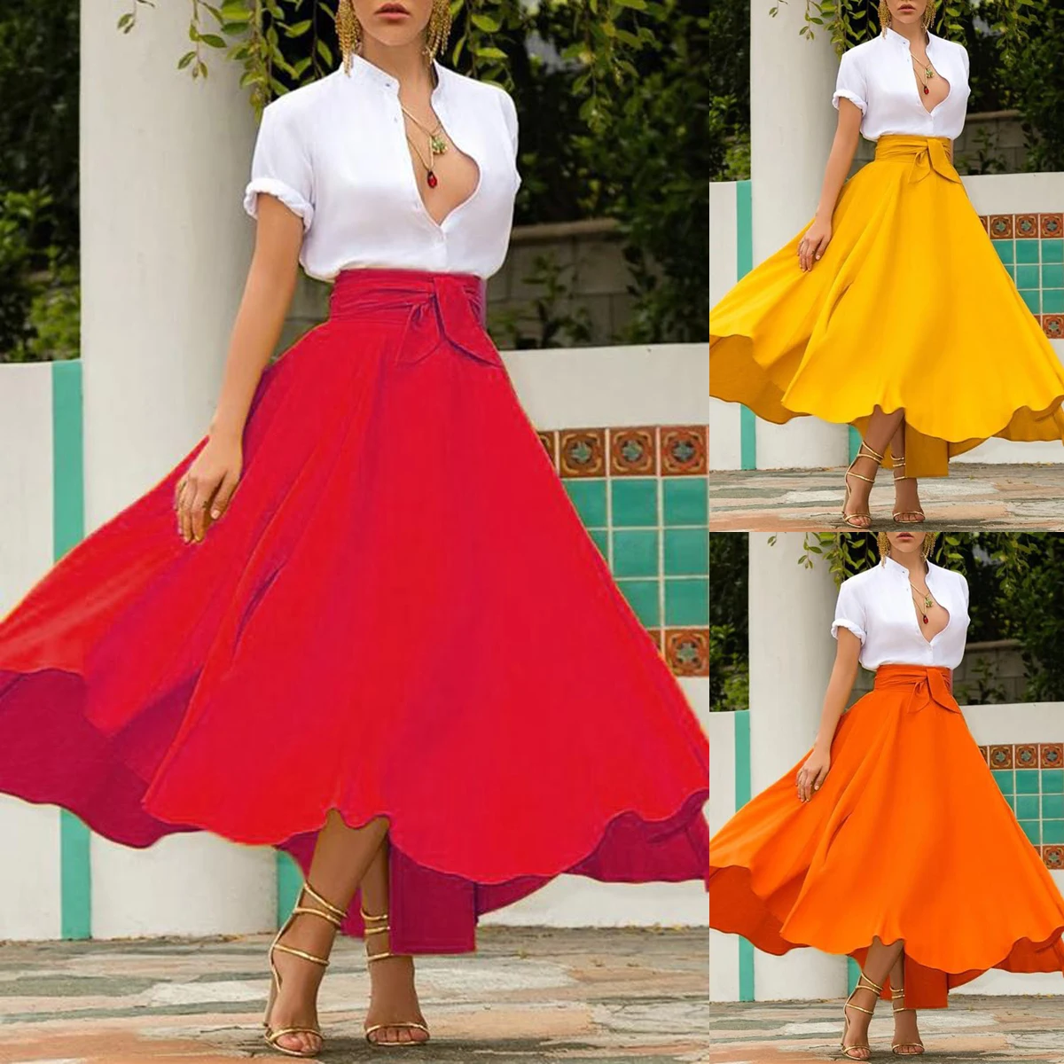 Women\'s Solid Color High Waist A Line Skirt Fashion Slim Waist Bow Belt Flared Pleated Long Red Orange Yellow Gypsy Maxi Skirt