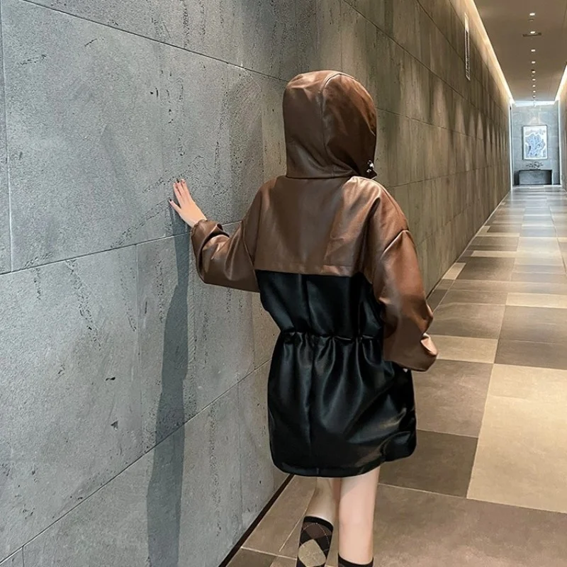 Women Autumn Pu Leather Jackets Loose Zipper Pockets Mixed Colors Hooded Coat Street Full Sleeve Pullover Outerwear Female