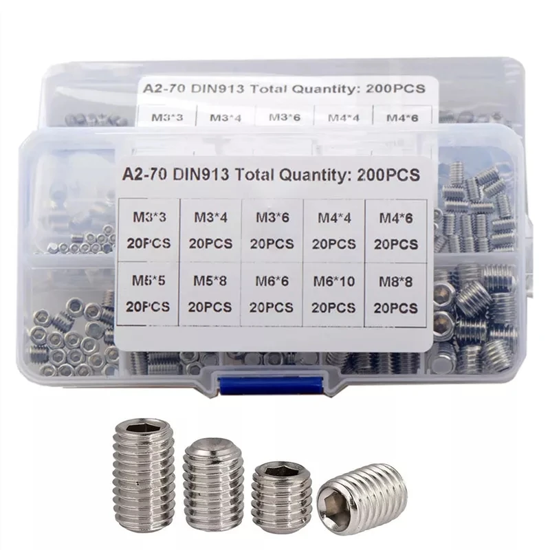 200pcs Hex Hexagon Socket Set Screw Flat Point Grub Screw Assortment Kit stainless steel M3M4 M5 M6 M8 Headless Set Screw DIN913