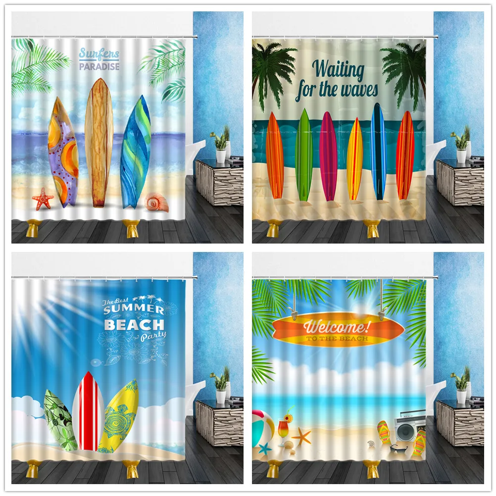 Surfboard Shower Curtains Beach Summer Sunshine Wooden Board Pattern Mildew Proof Multi-size Bathroom Home Decor Cloth Curtain