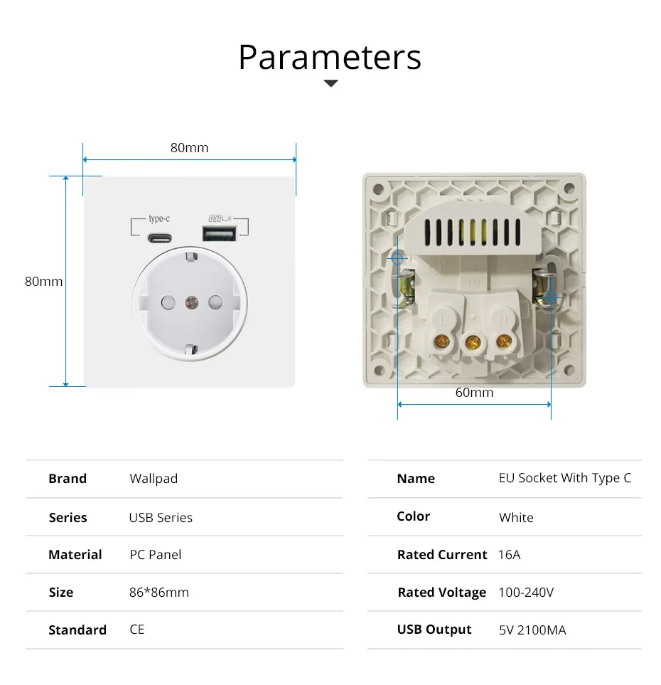 EU Power Socket With Usb Charging Port and Type C Interface 2.1A 16A PC Panel 86mm French Russia Spain Wall Outlet Phone Holder