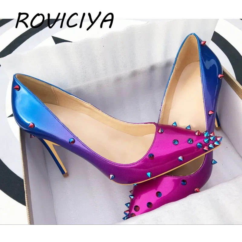 

Градиентные синие женские туфли-лодочки на высоком каблуке 12 см с заклепками; женские вечерние туфли с острым носком; свадебные туфли; 10 см; 8 см; MD015 ROVICIYA