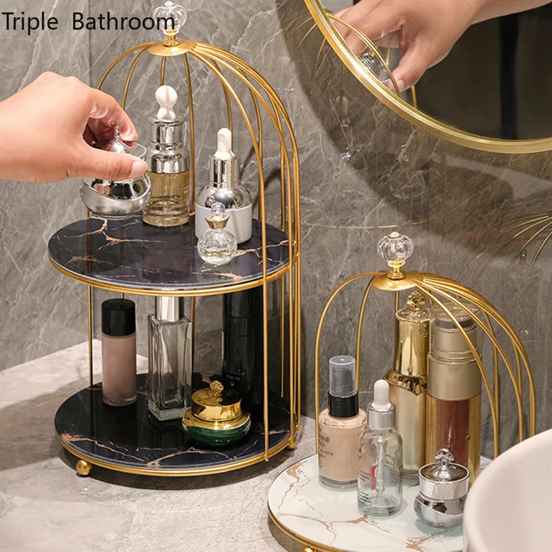 Light Luxury Birdcage Metal Rack Glass Tray Dressing Table Storage Holder Bathroom Shampoo Shower Gel Shelf Cosmetic Organizer