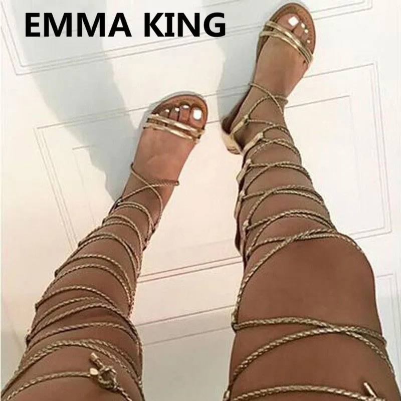 New Gold Lace Up Cross Over The Knee Women Flat Sandals Open Toe Summer Boots CutOut Ladies Casual Shoes Woman Gladiator Sandals