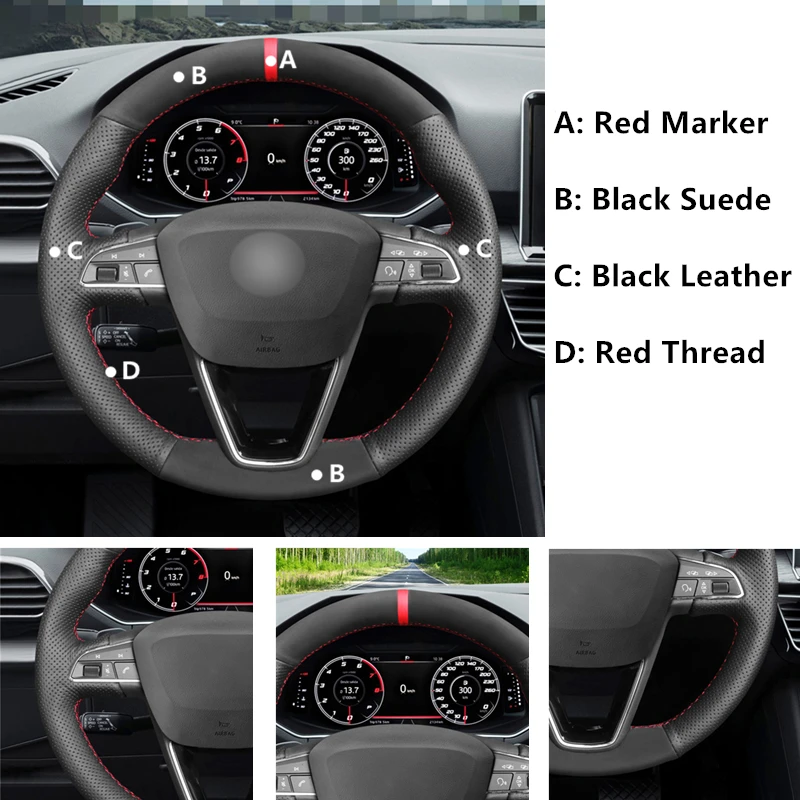 Black Suede Leather Car Steering Wheel Cover for Seat Leon 2013-2020 Ibiza Alhambra Arona Ateca Tarraco Toledo