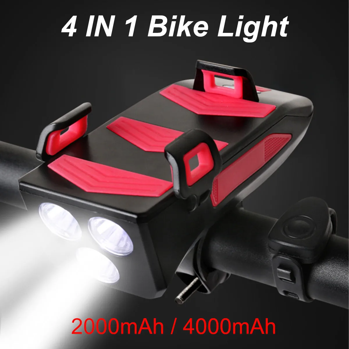 4000mAh 4 In 1 Bicycle Light USB Rechargeable LED Bike Headlight Horn Phone Holder Powerbank Motorcycle Scooter Light