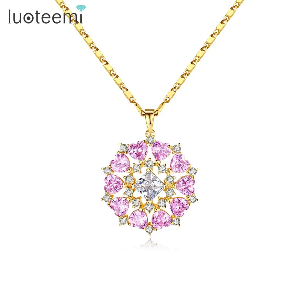 LUOTEEMI Flower-Shaped Pendant Necklace for Women Small Purple Heart Crystal Cubic Zircon Fashion Charm Jewelry Dating Gifts