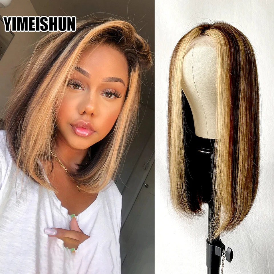 

Straight Highlight Bob Wig 13x4 Lace Front Human Hair Wigs Ombre Brown Honey Blonde Short Bob Wig Transparent Lace Front Wigs