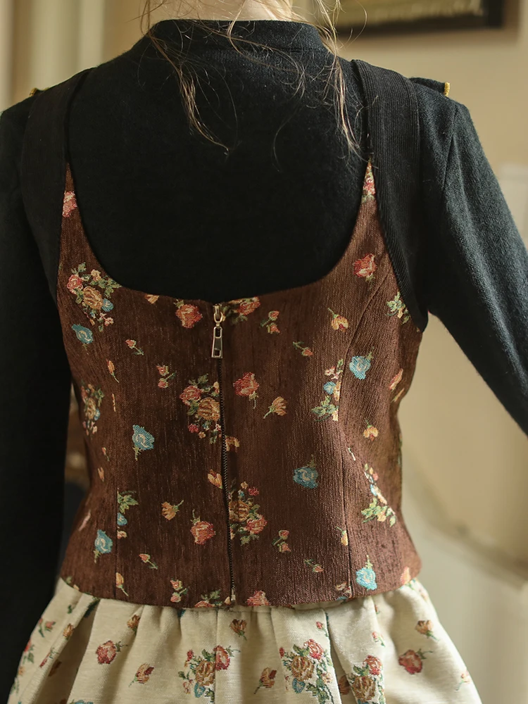 Women Jacket Fall Winter Vintage Elegant Slim Floral Coffee Vest Retro Court Style Rococo Lovely Style Cute Bow Lolita Vests