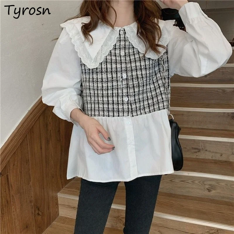 Shirts Women Daily Chic Patchwork Houndstooth Peter Pan Collar Spring Autumn Loose Long Sleeve Mujer Camisa All-match Streetwear