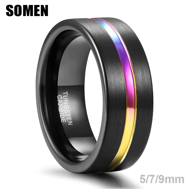 Somen 5/7/9mm Rainbow Tungsten Basic Ring For Men Women Classic Male Wedding Band Multi Color Jewelry Fraternal Rings