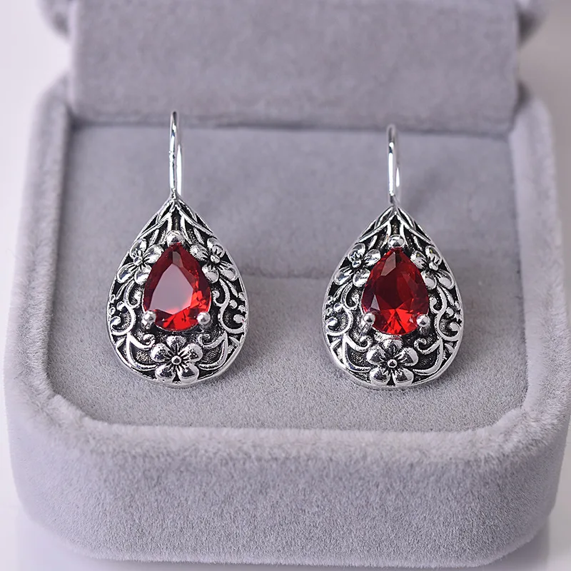 Solid S925 Silver Ruby Diamond Earring for Women Waterdrop Pear Earrings Carved Red Topaz Gemstone Garnet Earrings