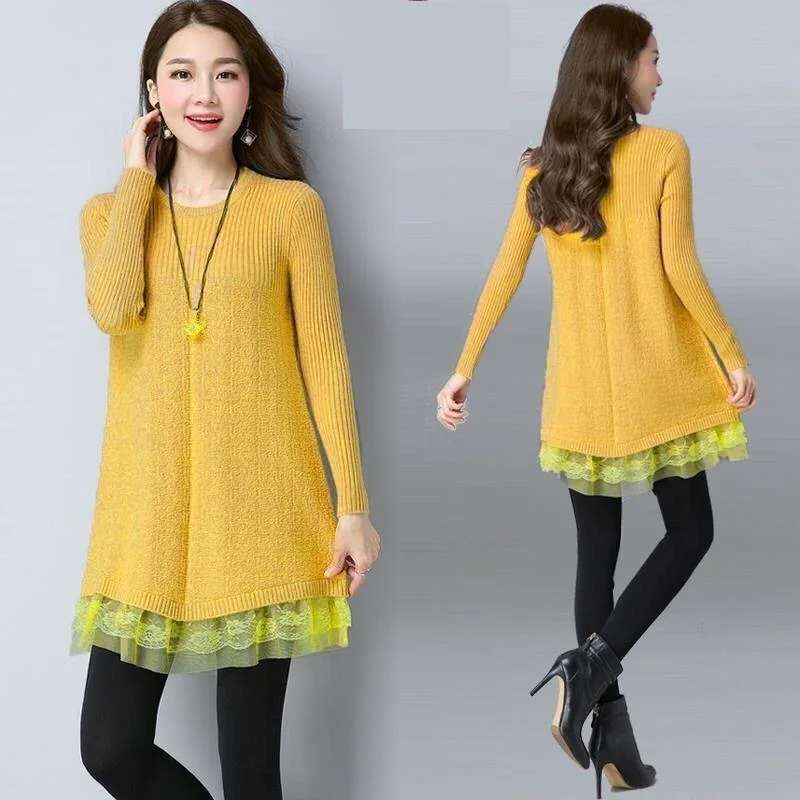 Fall/Winter 2024 New Women\'s Lace Stitching Sweater Dress Solid color Loose Long-sleeved Pullovers Fashion Female Knit Sweaters