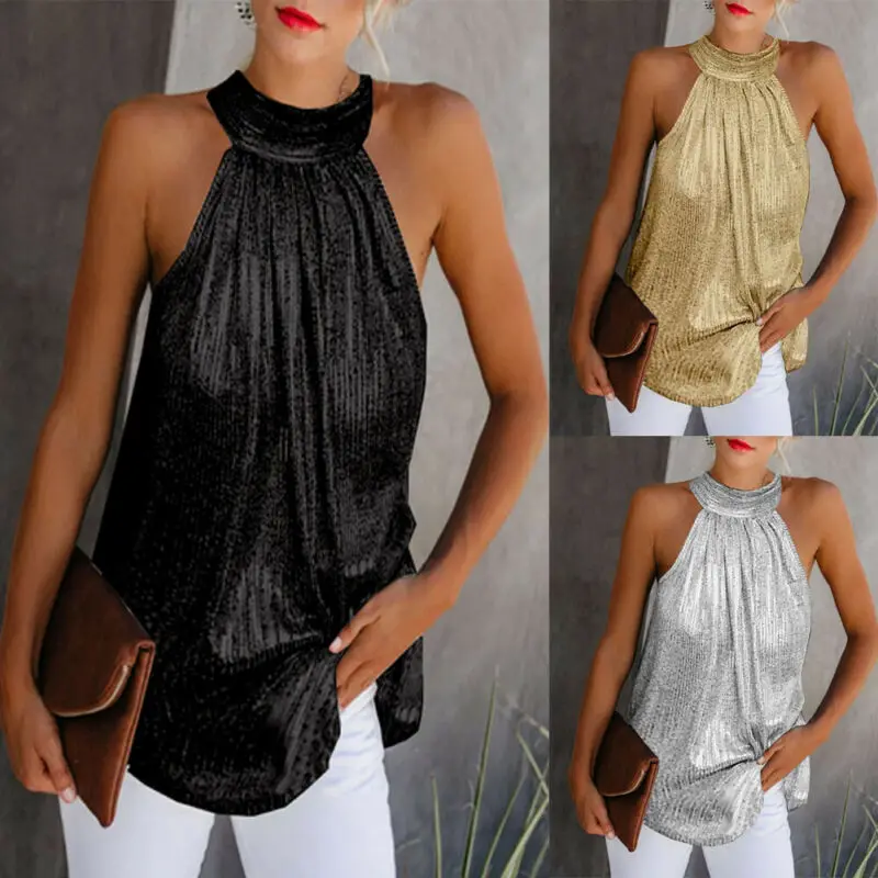 Women Gold Blouse 2024 New Fashion High Neck Sleeveless Hatler Tank Top Vest Summer Casual Loose Blouse Shirt Tee