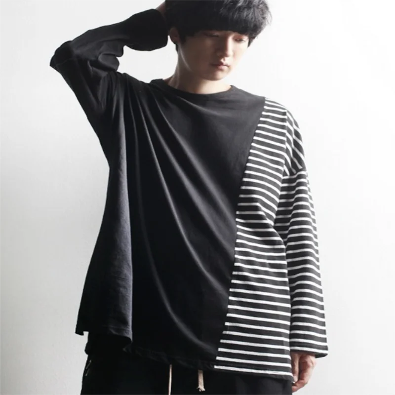 

Men's Long Sleeve T-Shirt Spring And Autumn New Boys' Daily Leisure Loose Stripe Stitching Large Size Round Collar T-Shirt