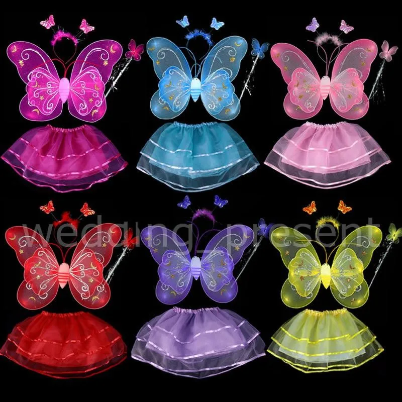 

4 Pieces Children Halloween Costume Set Double Layer Angle Butterfly Fairy Wings Magic Wand Headband Birthday Party Gift