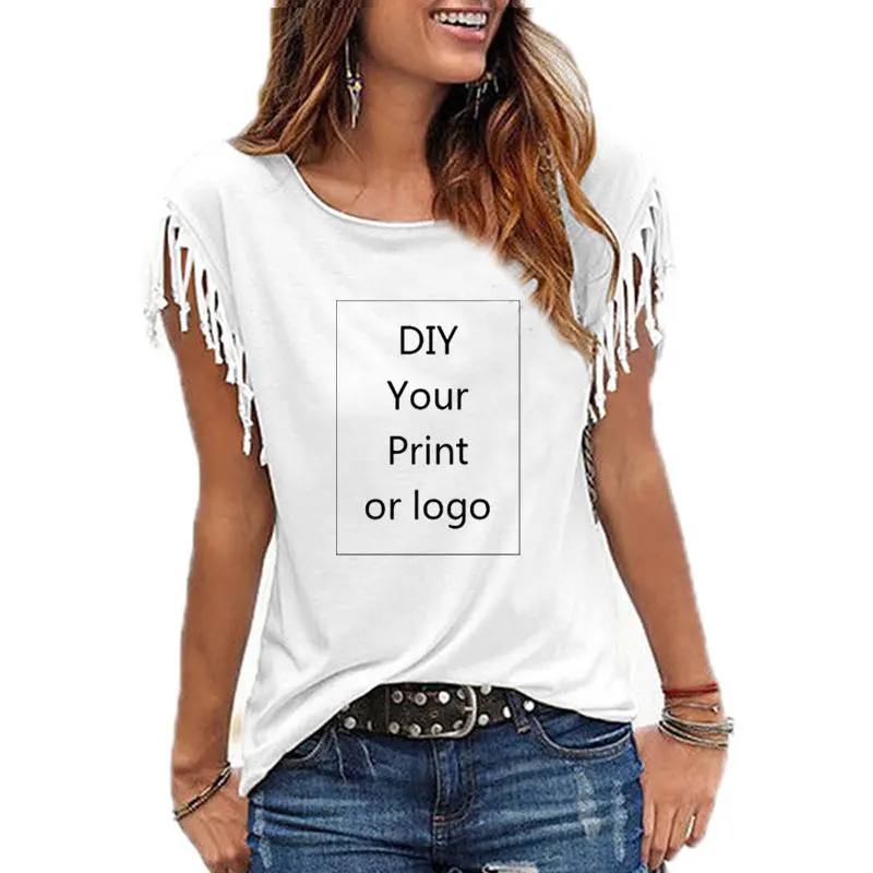 Individuelle Druck T Shirt für Frauen DIY Ihre Wie Foto oder Logo Top Baumwolle Quaste Kurzarm Oansatz Baumwolle T