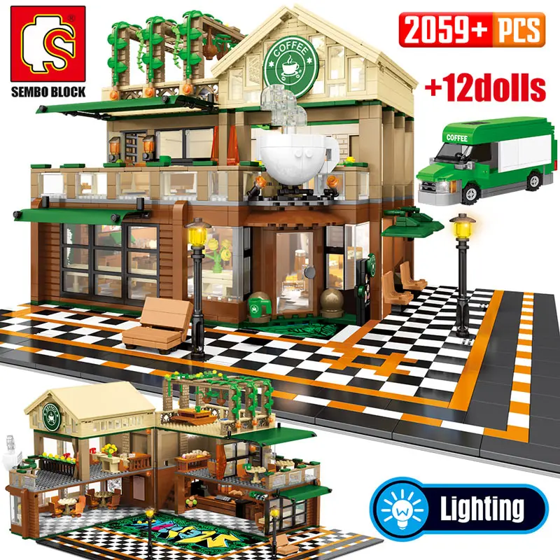 

SEMBO 2059Pcs Creative Cafe Coffee Shop Model Building Blocks City Street View Casual House Figures Bricks Toys for Children