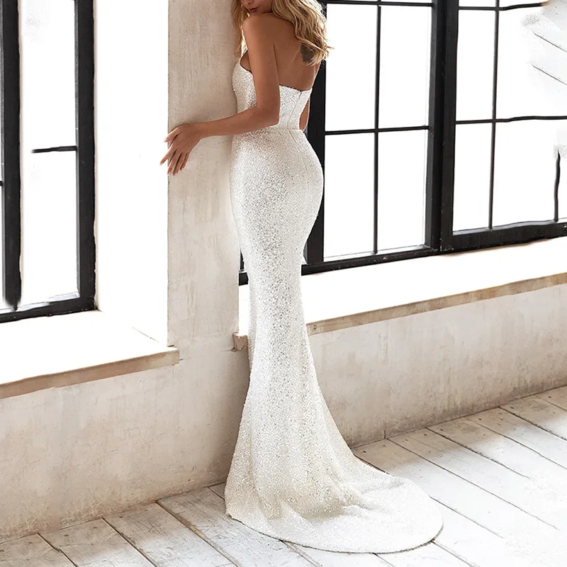 Party Dresses Women Evening Elegant Zipper Back Bridal Gown Dress Sexy One Shoulder Sleeveless Long Luxury Sequin White Dress
