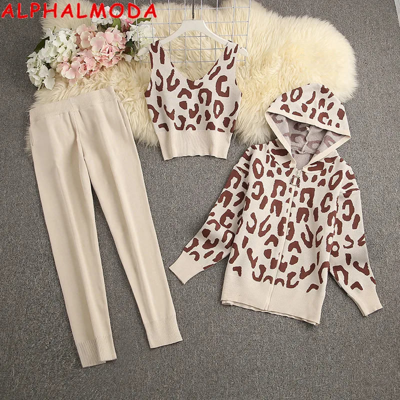 ALPHALMODA New Arrival Knitted Leopard Print Zipper Cardigans + Vest + Jogger Pants Women's Chic Autumn Winter 3pcs Suits