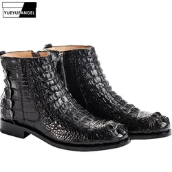 Luxury Crocodile Leather Shoes Men British High-Top Formal Shoes Round Toe Zipper Black Genuine Leather Office Ankle Boots 38-44