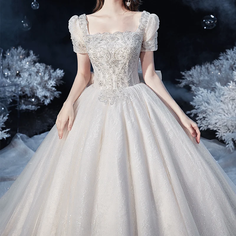 Robe De Mariage Princess Wedding Dress Sequins Vestido De Novia Short Sleeve Luxury Big Bow Star Yarn Ball Gown Wedding Dresses